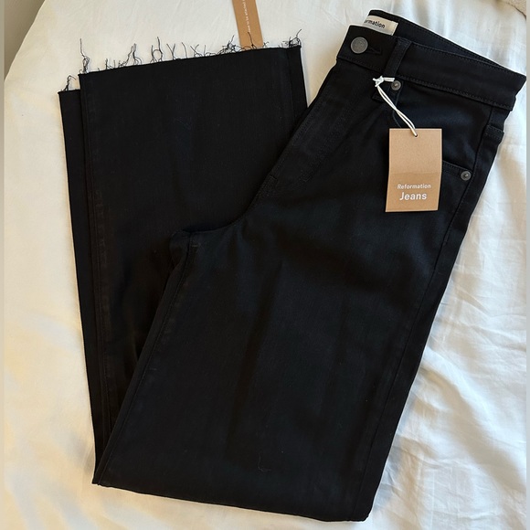 Reformation Denim - Reformation Emma high rise wide leg black jeans with raw hem